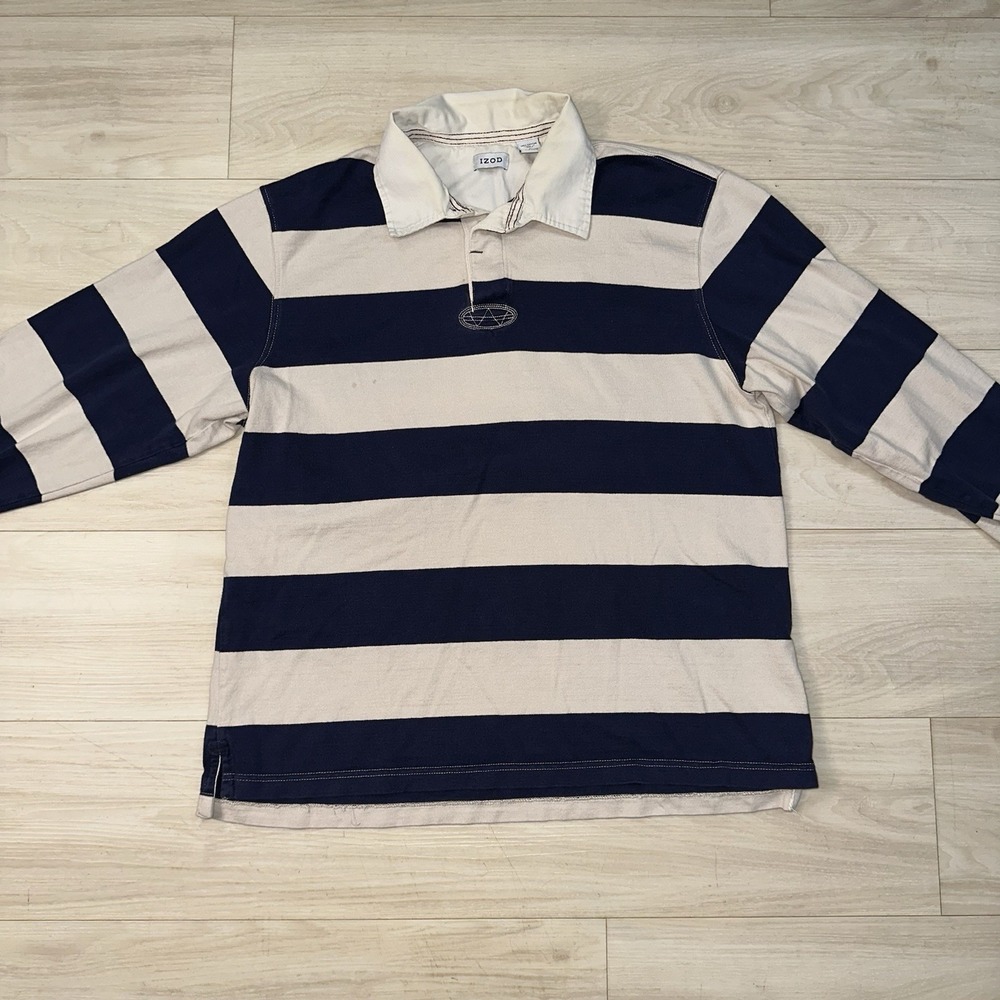 IZOD Varsity Rugby shirt Men's Navy striped long sleeve Size Large Sporty Casual - Picture 2 of 8